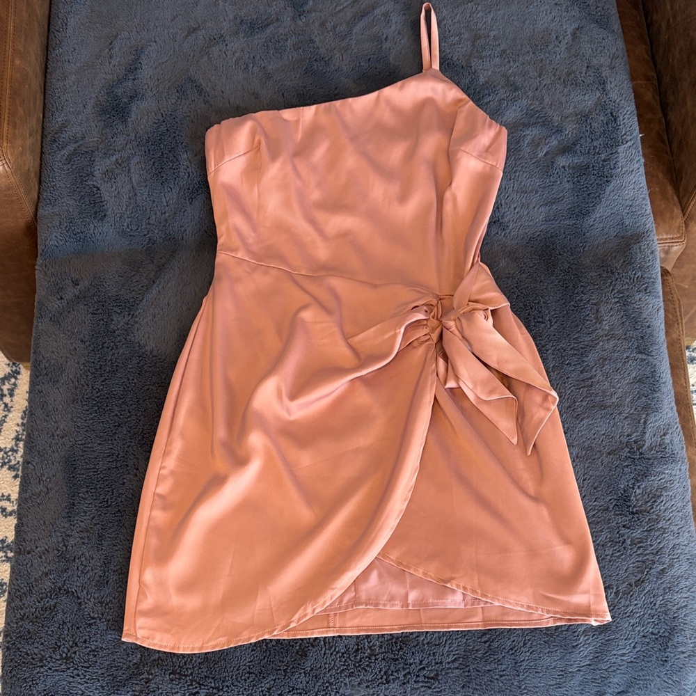 Lulus Meant to be Together Dusty Pink Satin One Shoulder Mini Dress, Sz S